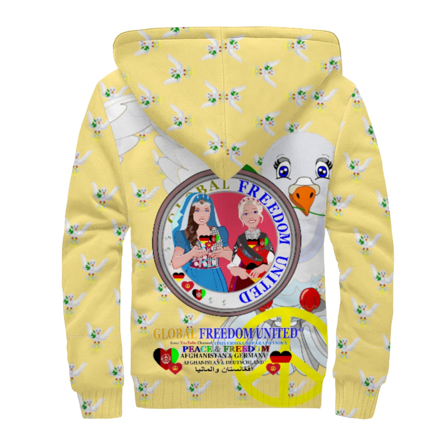Plush Hoodie GLOBAL FREEDOM UNITED© AFGHANISTAN & GERMANY Yellow Dove Of Peace