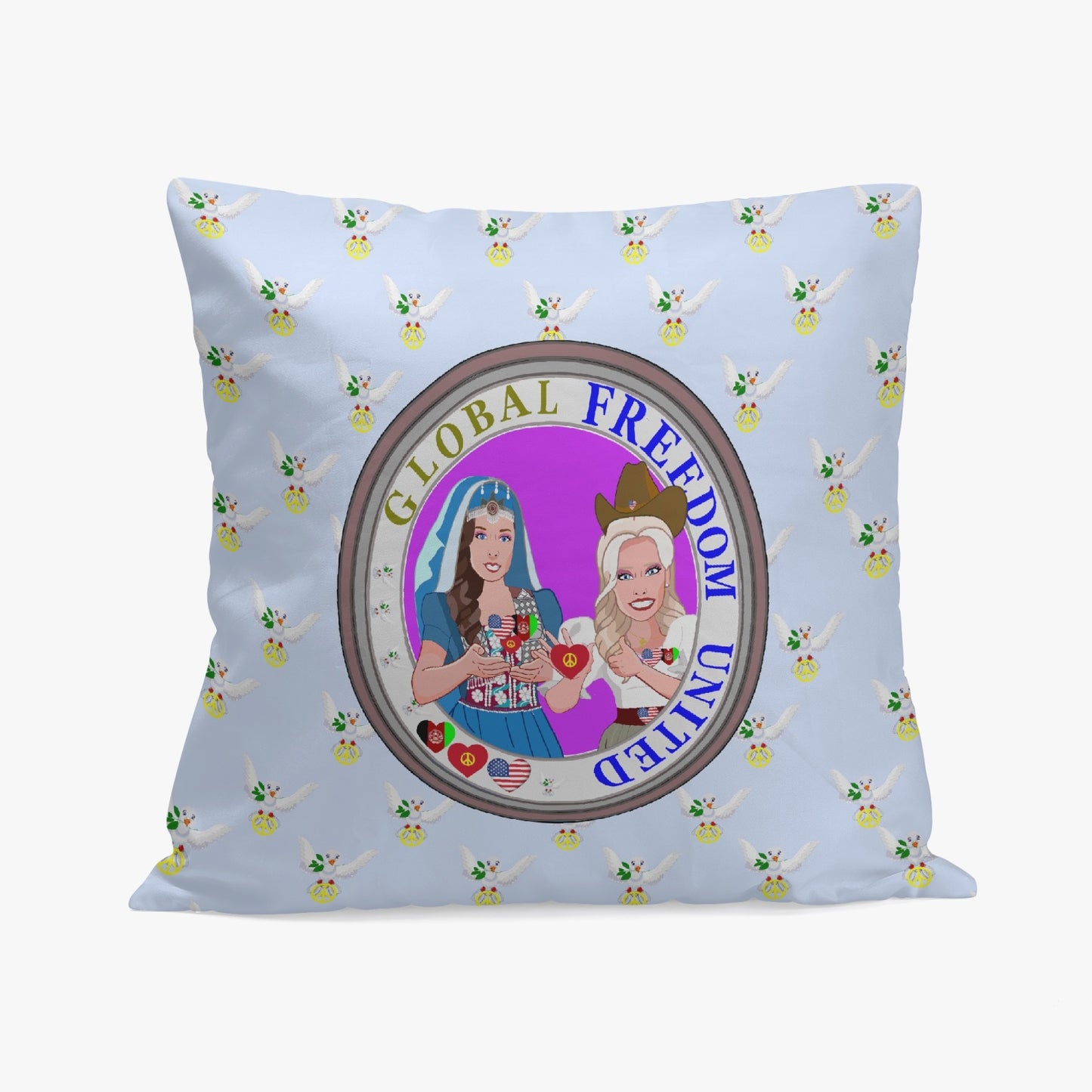 GLOBAL FREEDOM UNITED©  Women AFGHANISTAN & USA LIGHT BLUE 18'' Square Pillow Cover