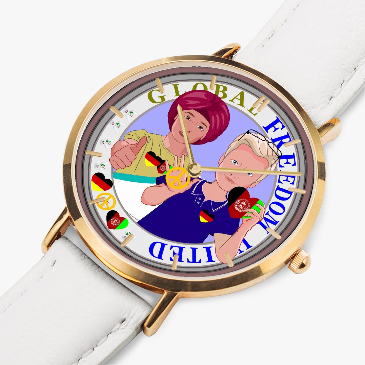 GLOBAL FREEDOM UNITED© Men AFGHANISTAN & GERMANY - Hot Selling Ultra-Thin Leather Strap Quartz Watch (Rose Gold With Indicators)