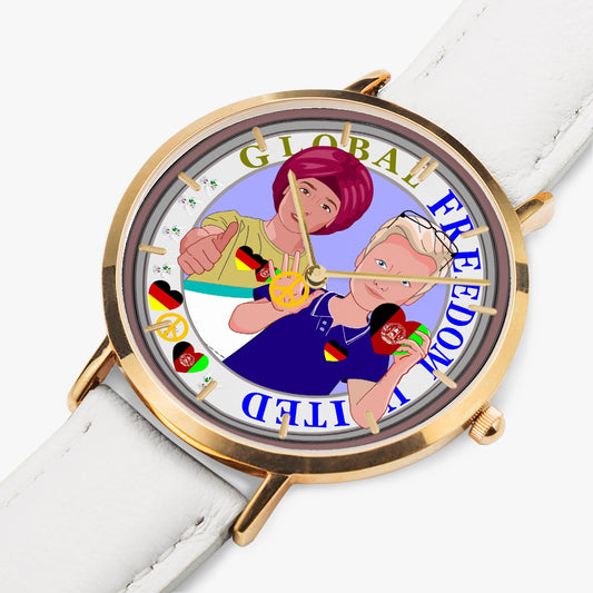 GLOBAL FREEDOM UNITED© Men AFGHANISTAN & GERMANY - Hot Selling Ultra-Thin Leather Strap Quartz Watch (Rose Gold With Indicators)