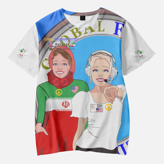 GLOBAL FREEDOM UNITED GIRLS IRAN & USA OLD PEACE BLUE AOP Kids' Short T-Shirts
