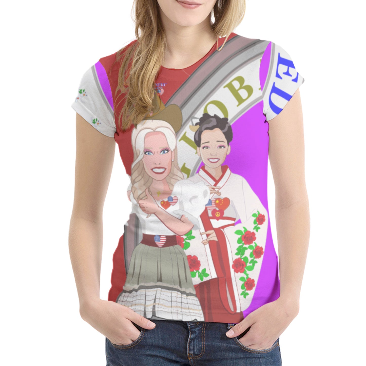 Women´s T-shirt 2 GLOBAL FREEDOM UNITED© Women USA & China  Red