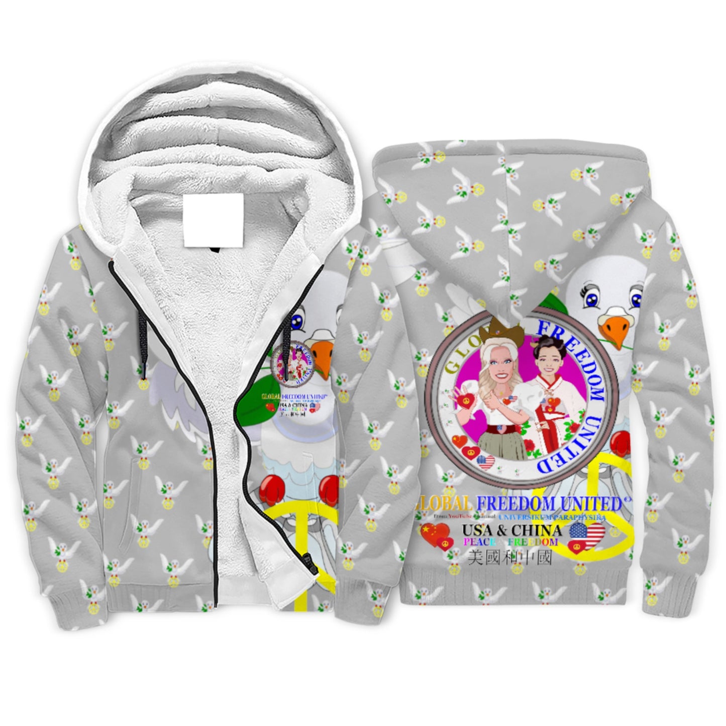 Plush Hoodie GLOBAL FREEDOM UNITED© Women USA & China Grey