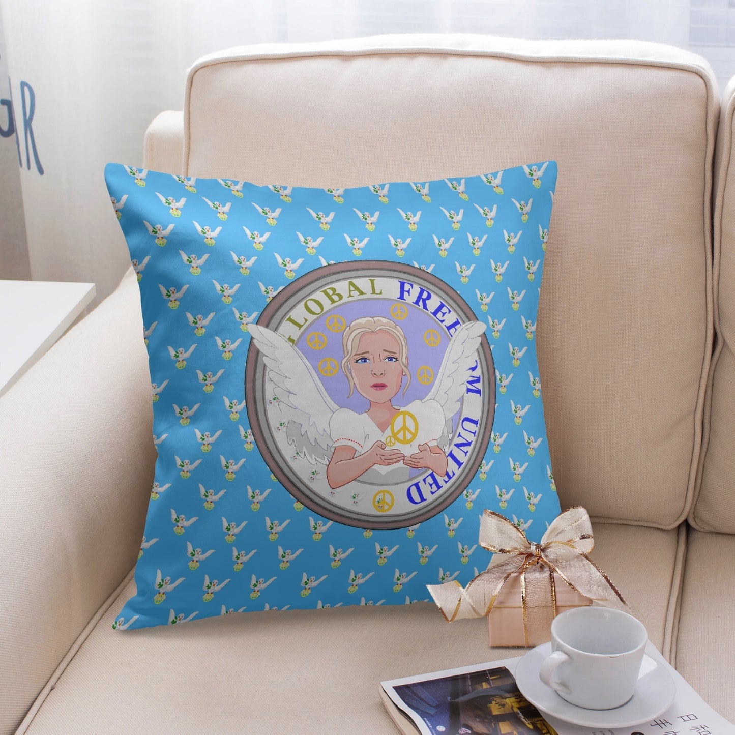 Square Pillow Cover GLOBAL FREEDOM UNITED WOMEN ANGEL OF PEACE BLUE