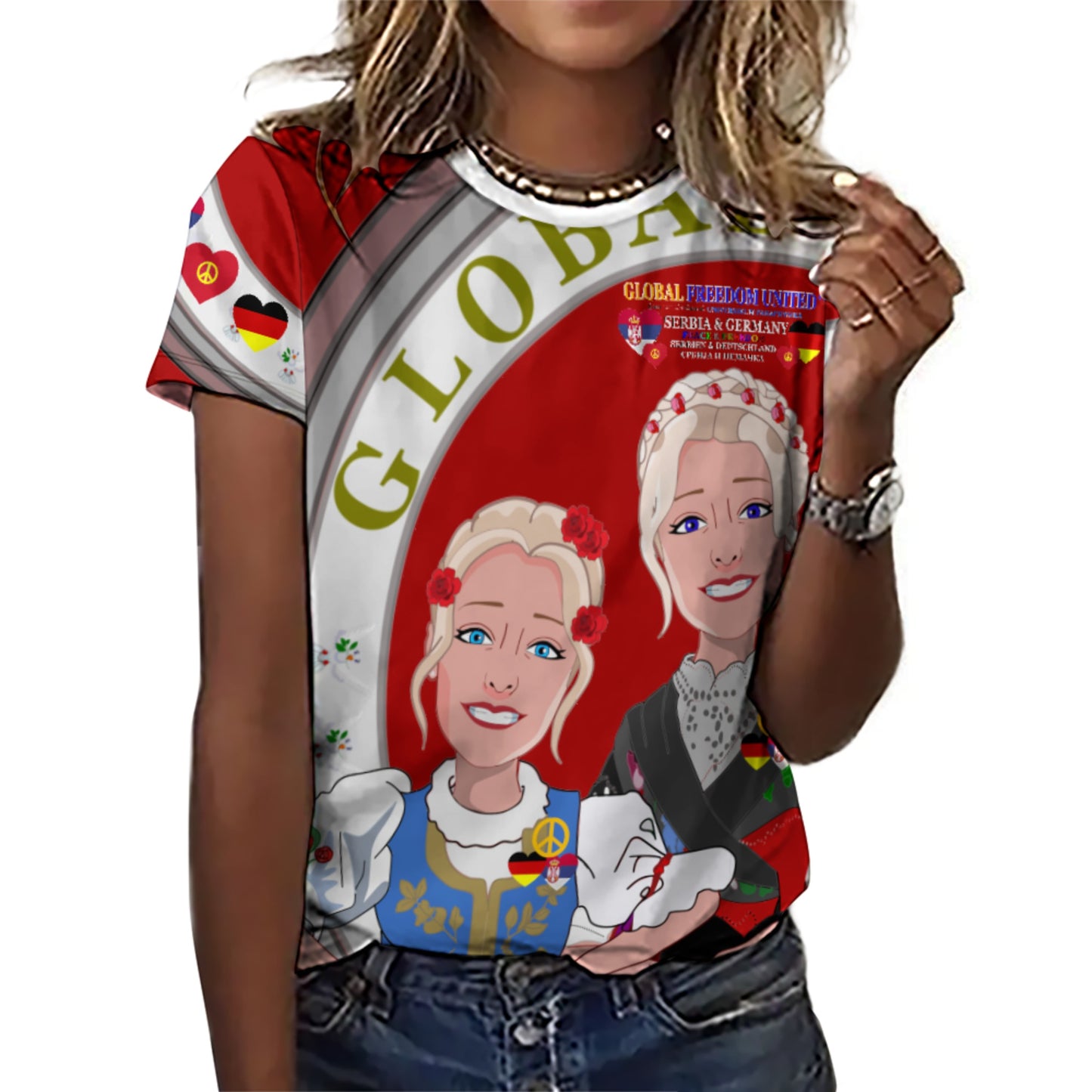 Women´s T-shirt GLOBAL FREEDOM UNITED© Women Serbia & Germany Red