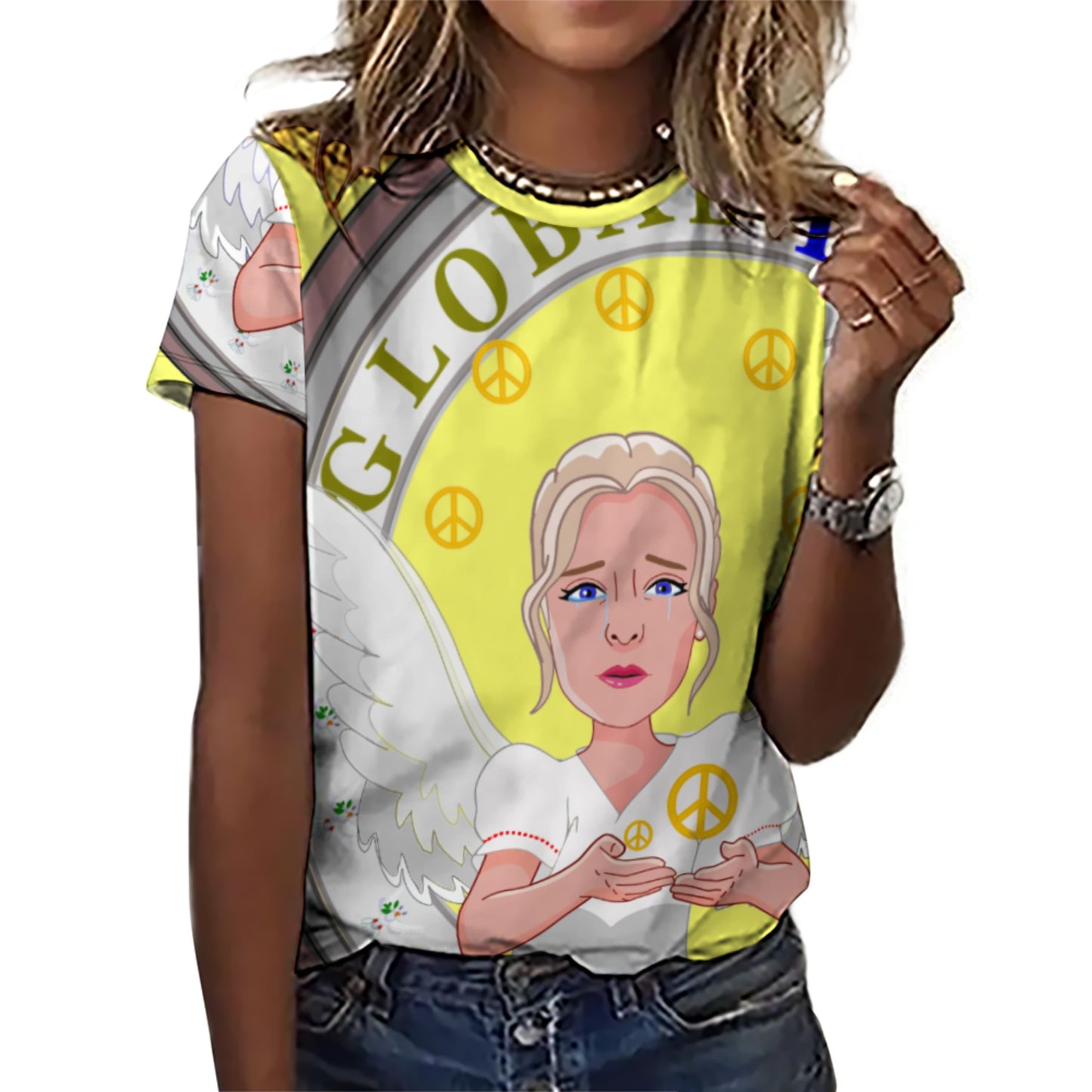 Women´s T-shirt 2 Global Freedom United Women Peace Of Angel Old Peace Yellow