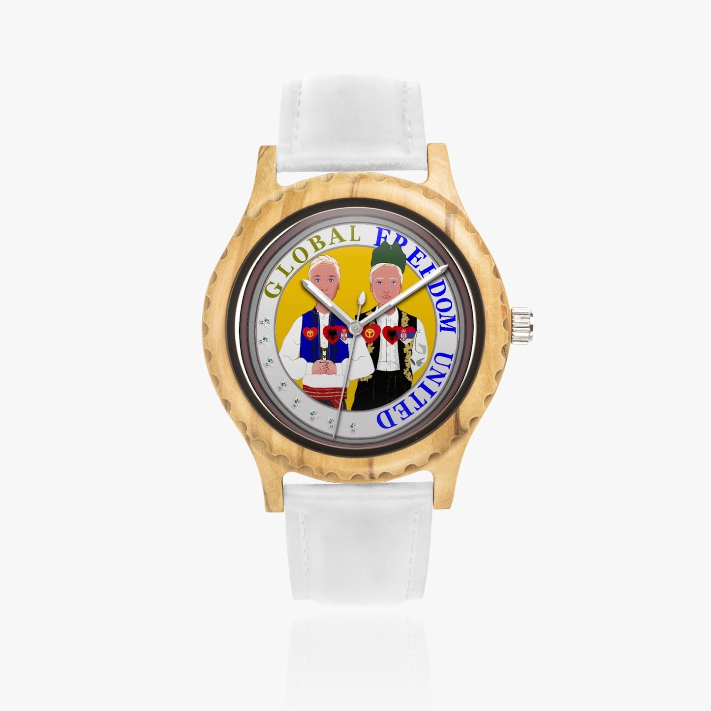 GLOBAL FREEDOM UNITED MEN ALBANIA & SERBIA NEW PEACE Italian Olive Lumber Wooden Watch - Leather Strap