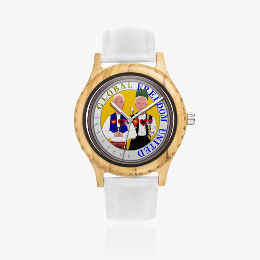 GLOBAL FREEDOM UNITED MEN ALBANIA & SERBIA NEW PEACE Italian Olive Lumber Wooden Watch - Leather Strap