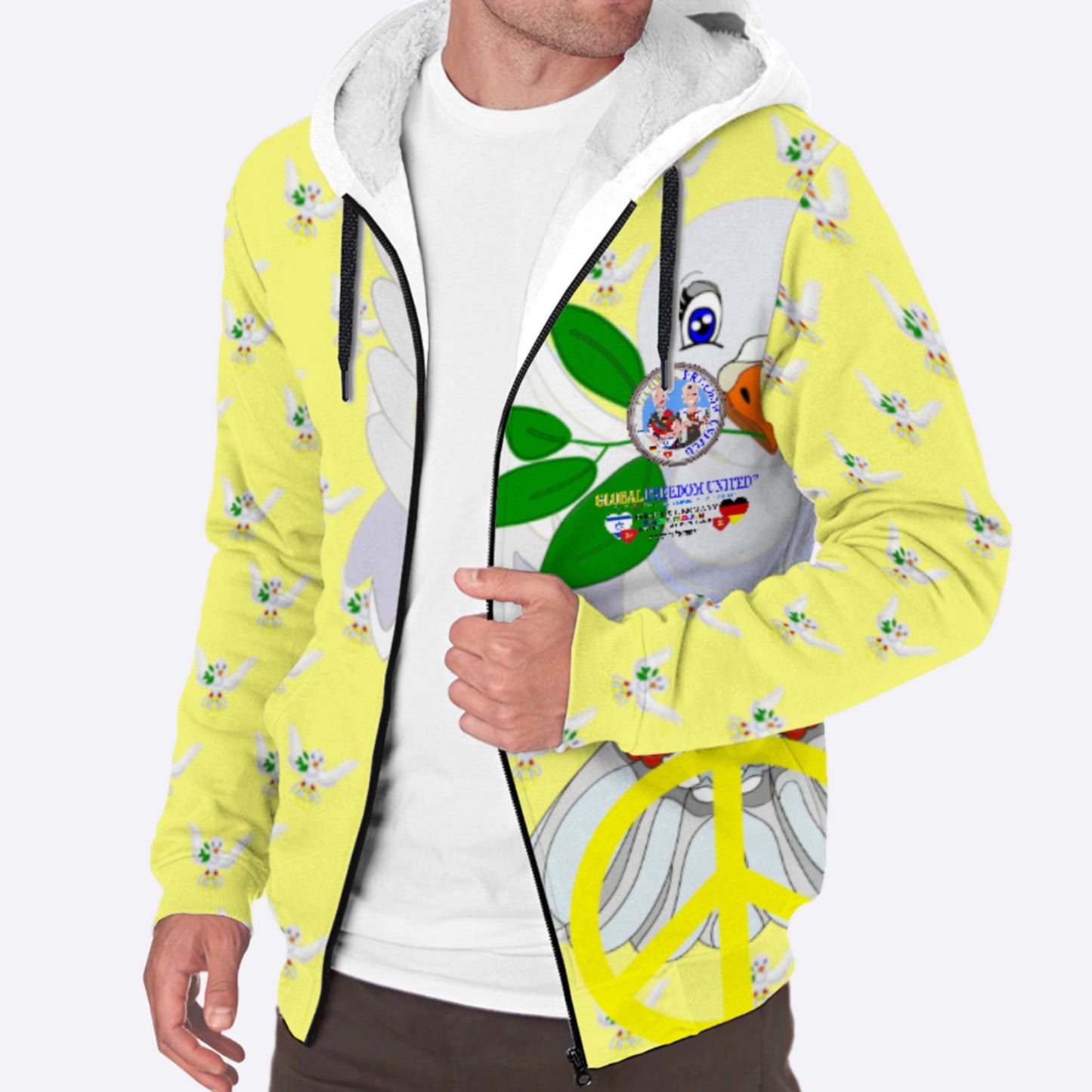 Plush Hoodie GLOBAL FREEDOM UNITED© Women Israel & Germany Old Peace Yellow