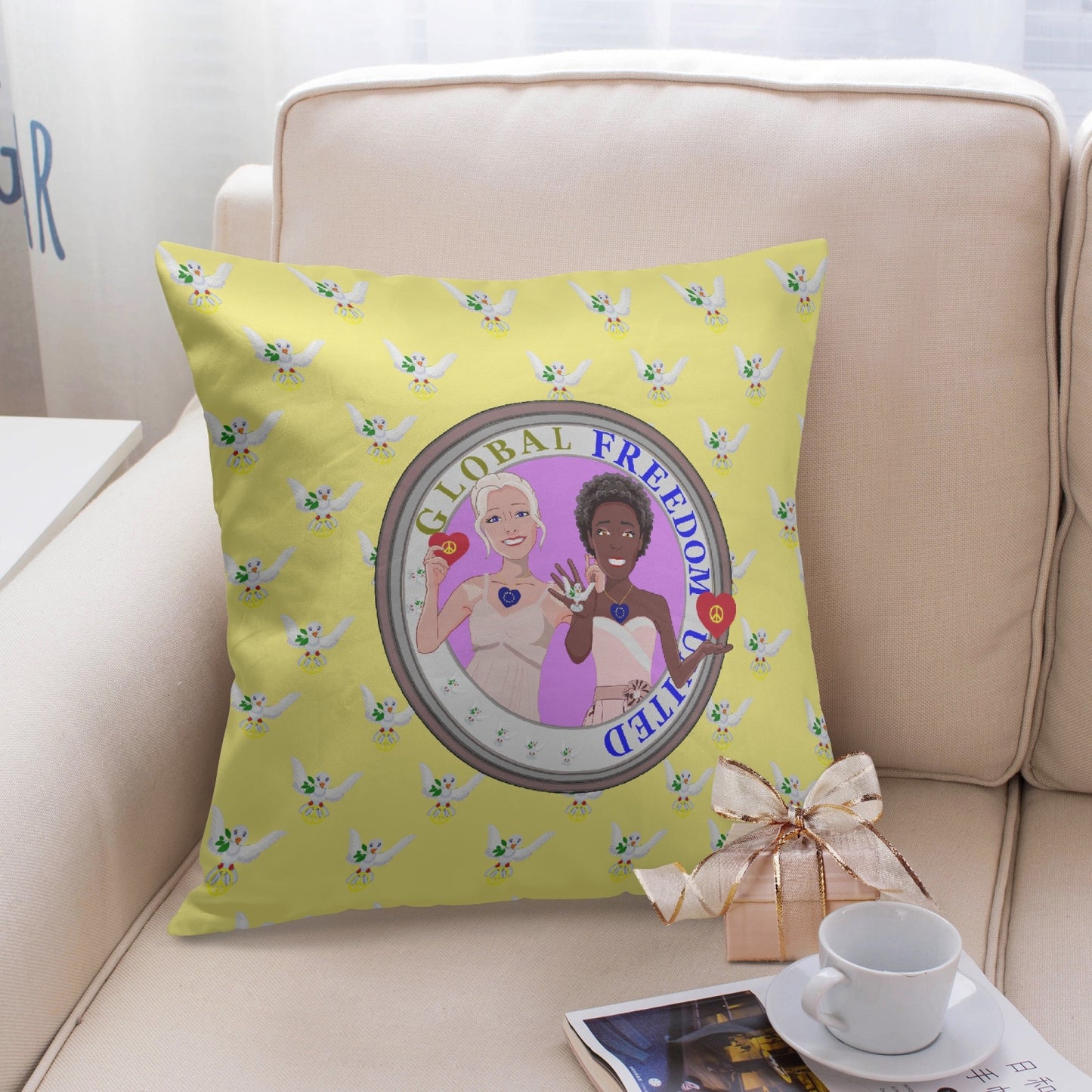 GLOBAL FREEDOM UNITED© Women Anti Fascism & Racism Old Peace YELLOW  EU 18'' Square Pillow Cover