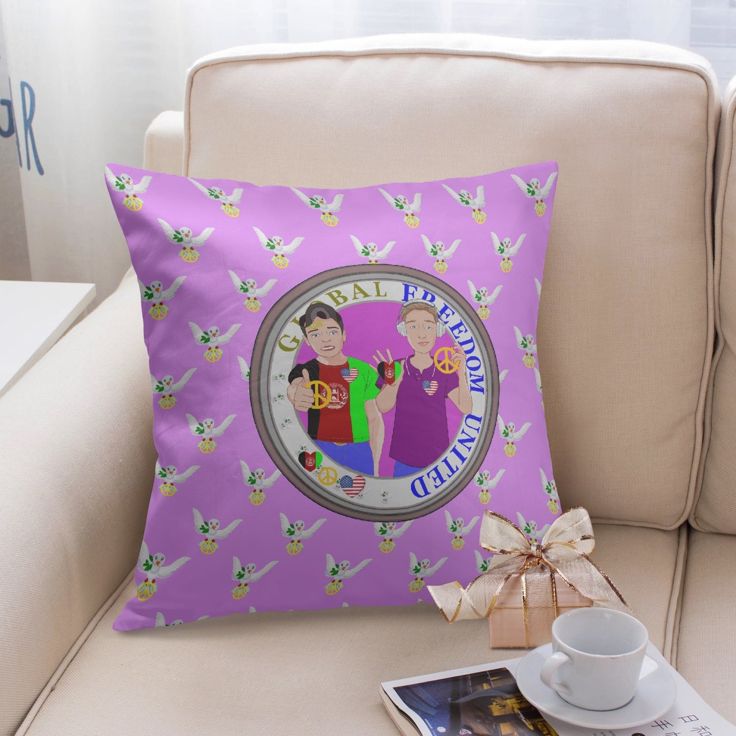 GLOBAL FREEDOM UNITED© Men AFGHANISTAN & USA LILAC 18'' Square Pillow Cover
