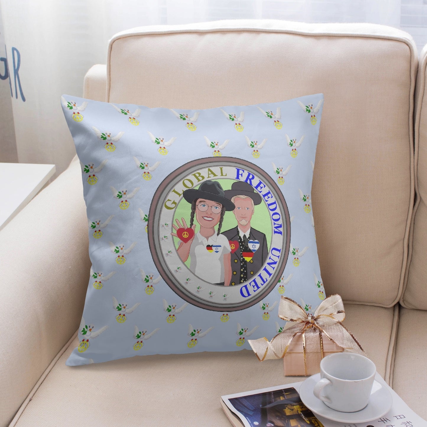 GLOBAL FREEDOM UNITED© Men ISRAEL & GERMANY Light Blue 18'' Square Pillow Cover