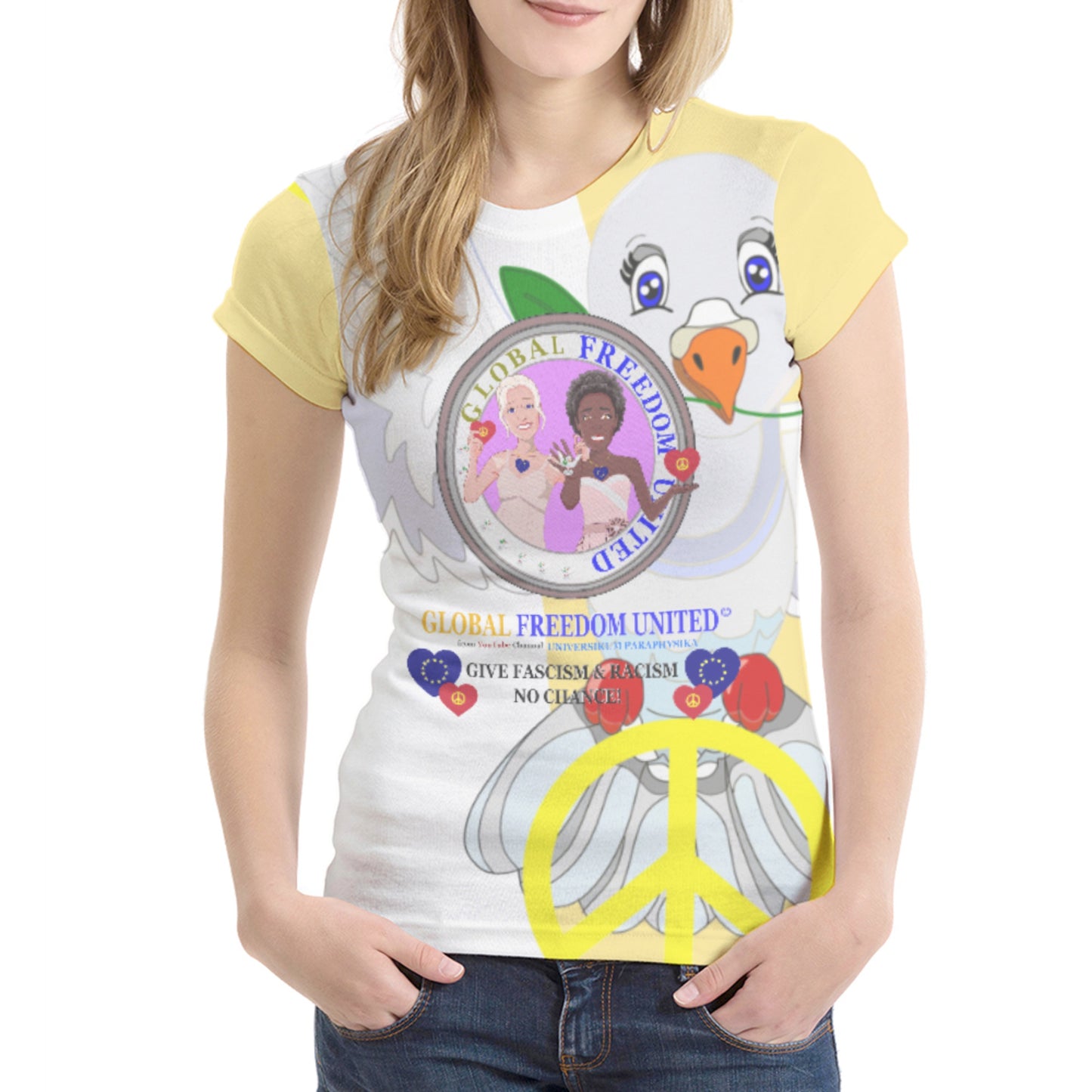 Women´s T-shirt 1 GLOBAL FREEDOM UNITED© Anti Fascism & Racism EU Yellow