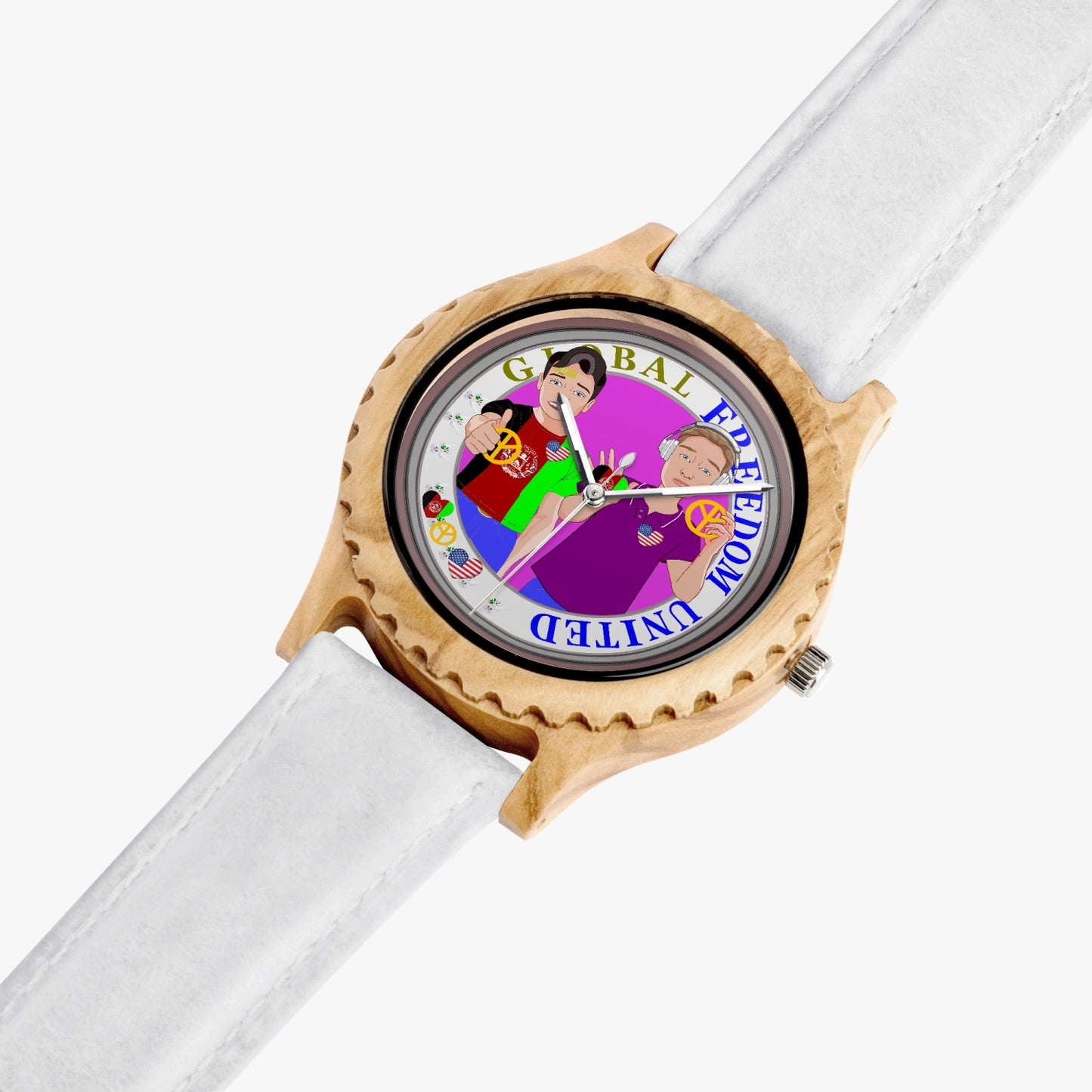 GLOBAL FREEDOM UNITED© Men AFGHANISTAN & USA -  Italian Olive Lumber Wooden Watch - Leather Strap