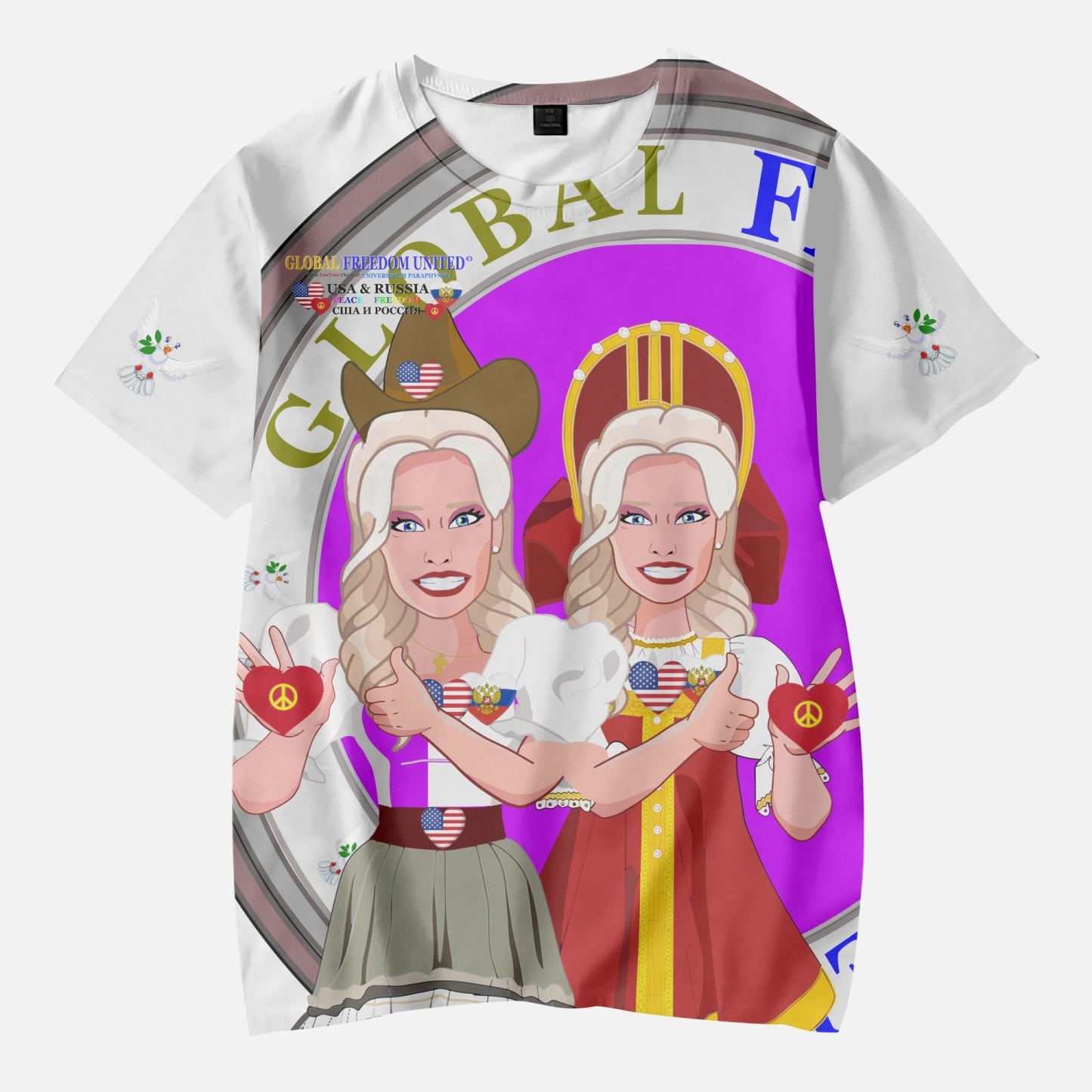 GLOBAL FREEDOM UNITED GIRLS USA & RUSSIA OLD PEACE WIGHT AOP Kids' Short T-Shirts