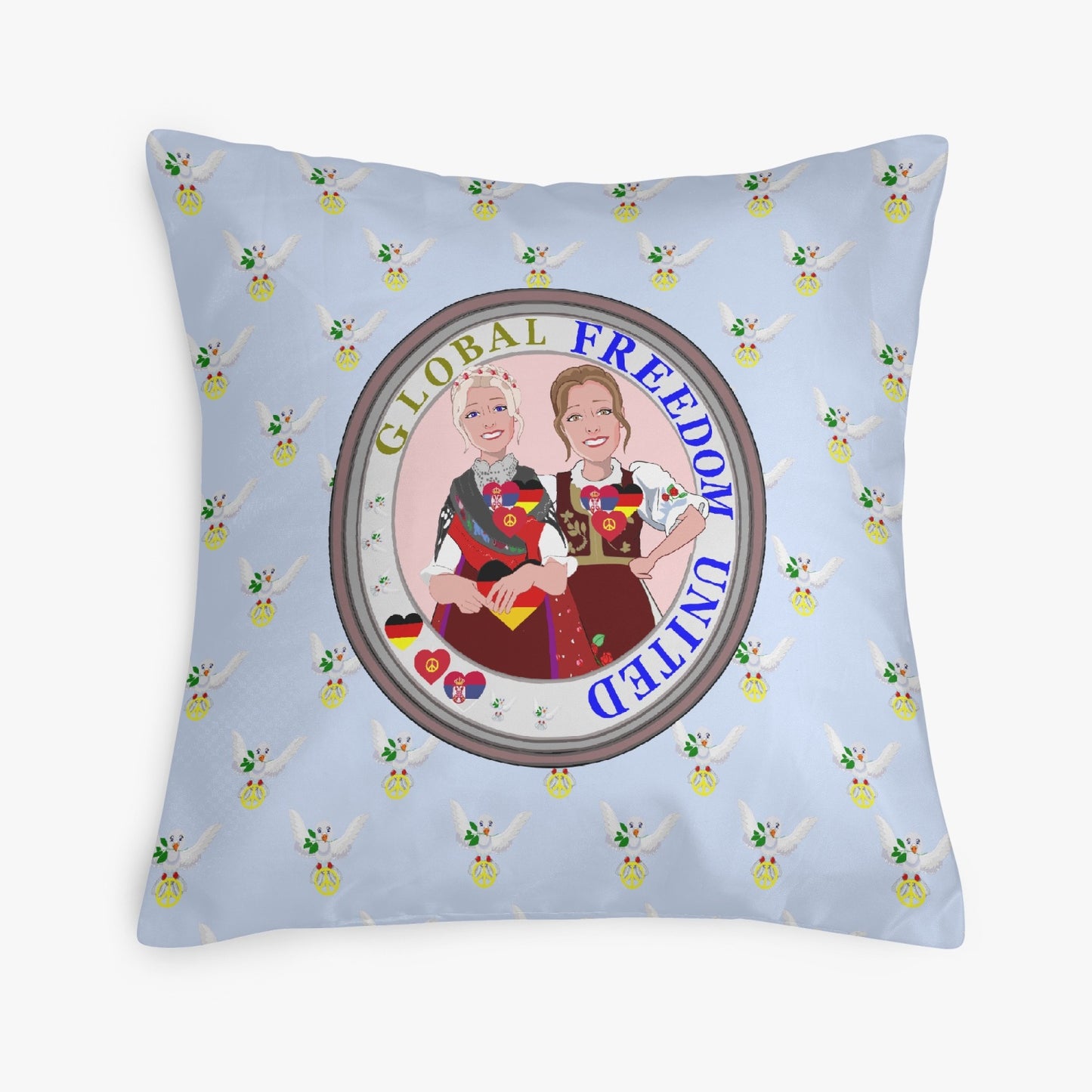 GLOBAL FREEDOM UNITED© Women Serbia & Germany LIGHT BLUE V1 18'' Square Pillow Cover