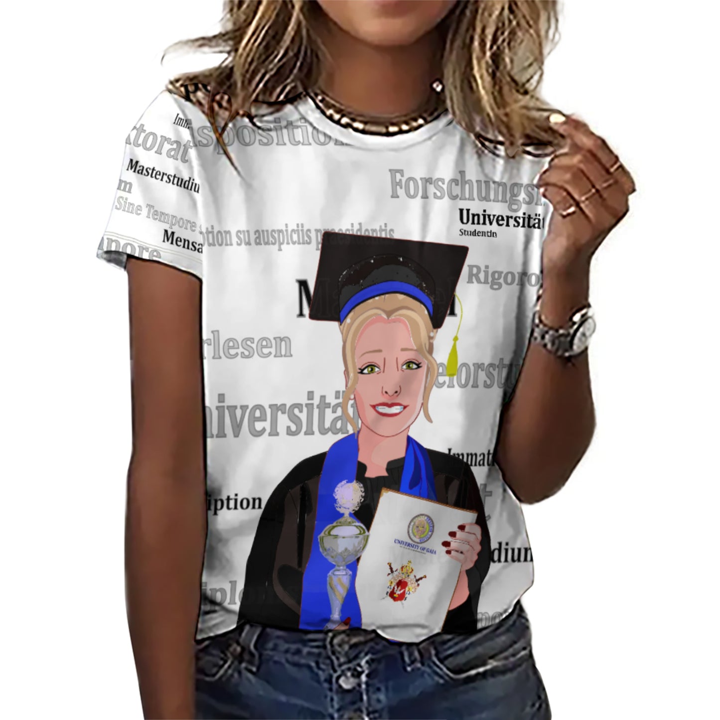 Women´s T-shirt Global Freedom United Student Girl Silver Place Blond Hair 4