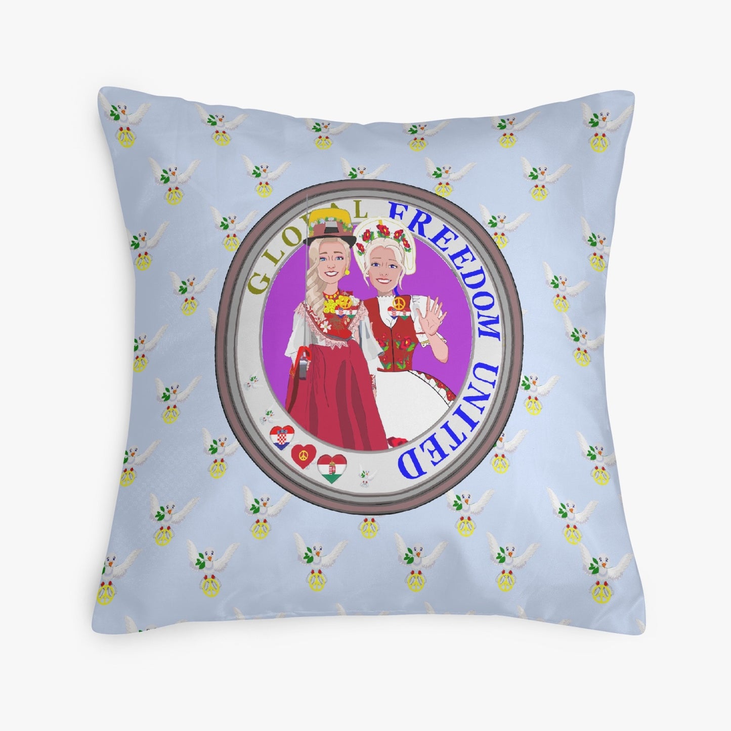 GLOBAL FREEDOM UNITED© Women CROATIA & HUNGARY Light Blue 18'' Square Pillow Cover
