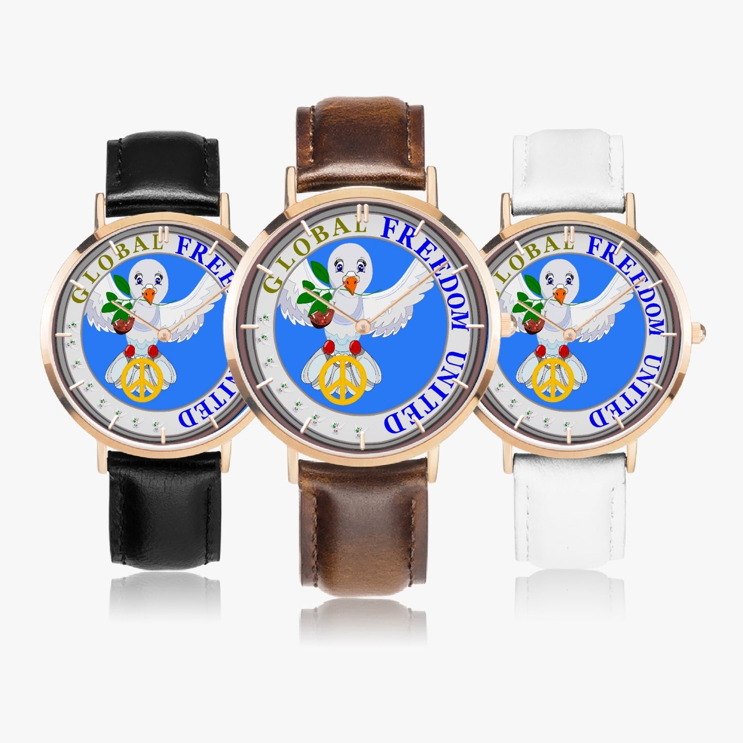 GLOBAL FREEDOM UNITED© Hot Selling Ultra-Thin Leather Strap Quartz Watch (Rose Gold With Indicators) DOVE OF PEACE  BLUE WITH PIPE
