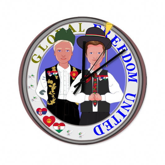 Wooden Wall Clock Without Scale GLOBAL FREEDOM UNITED© Men Serbia & Hungary Old Peace
