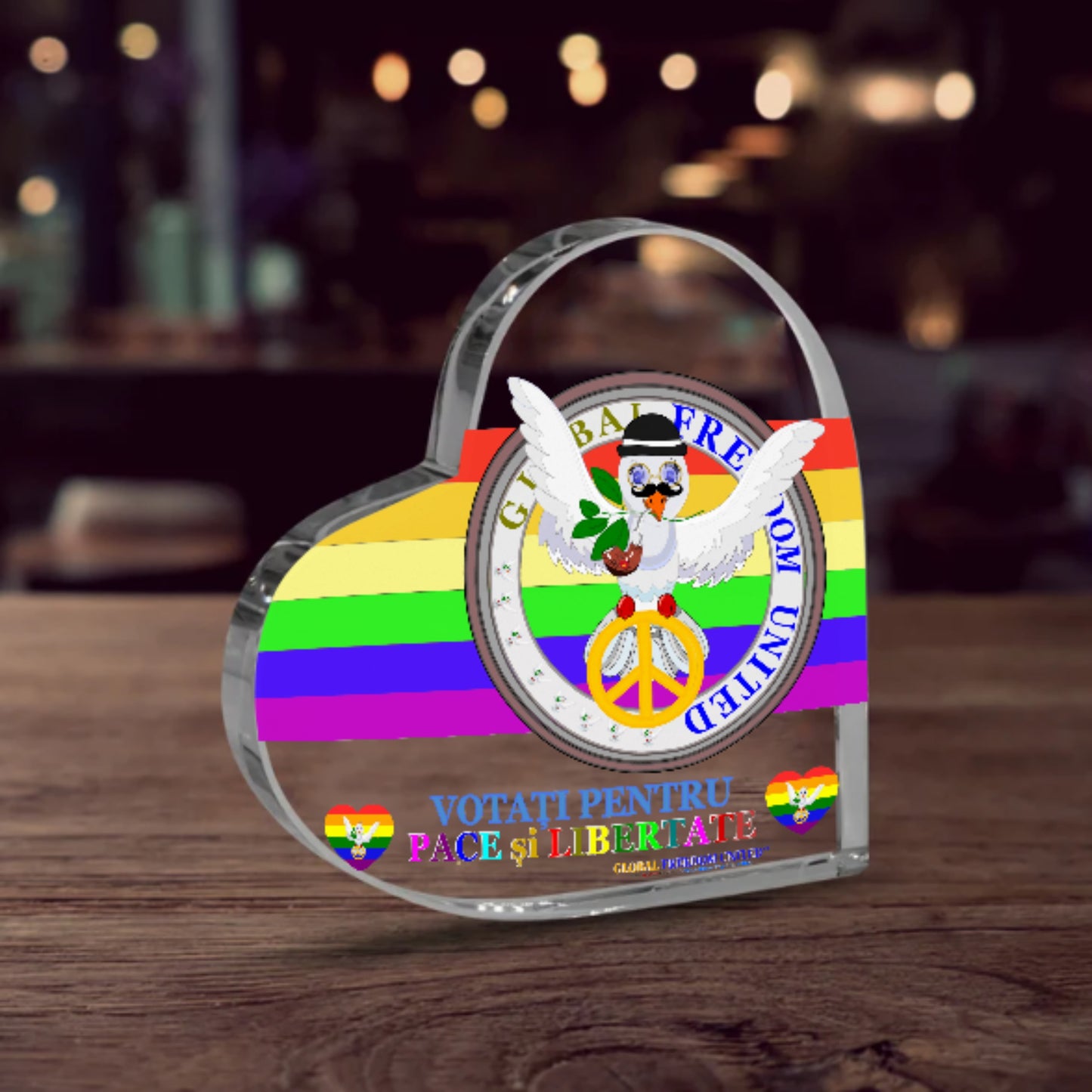 Acryl Heart Global Freedom United Dove Of Peace Men Romania