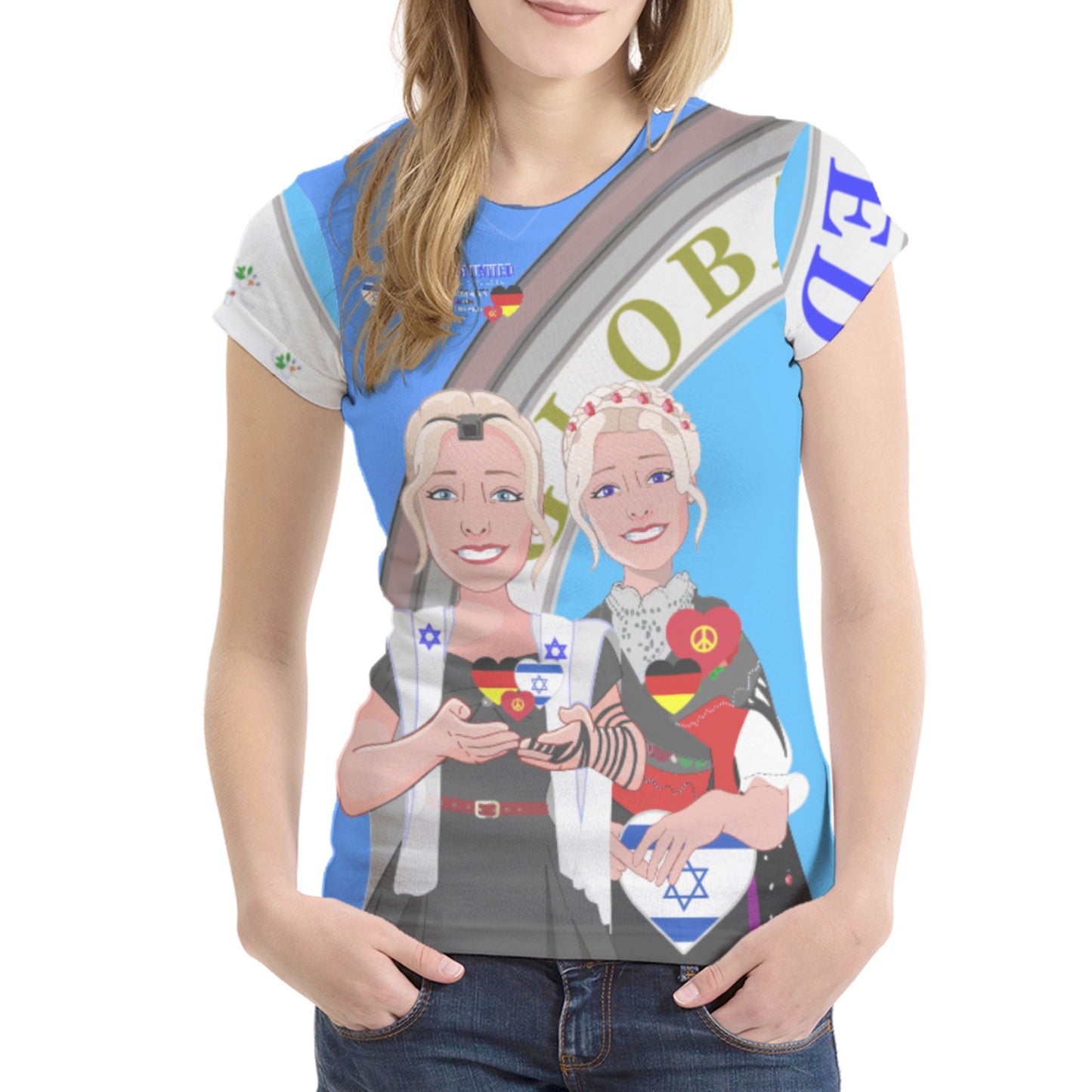 Women´s T-shirt GLOBAL FREEDOM UNITED© Israel & Germany Old Peace Version 2 Blue