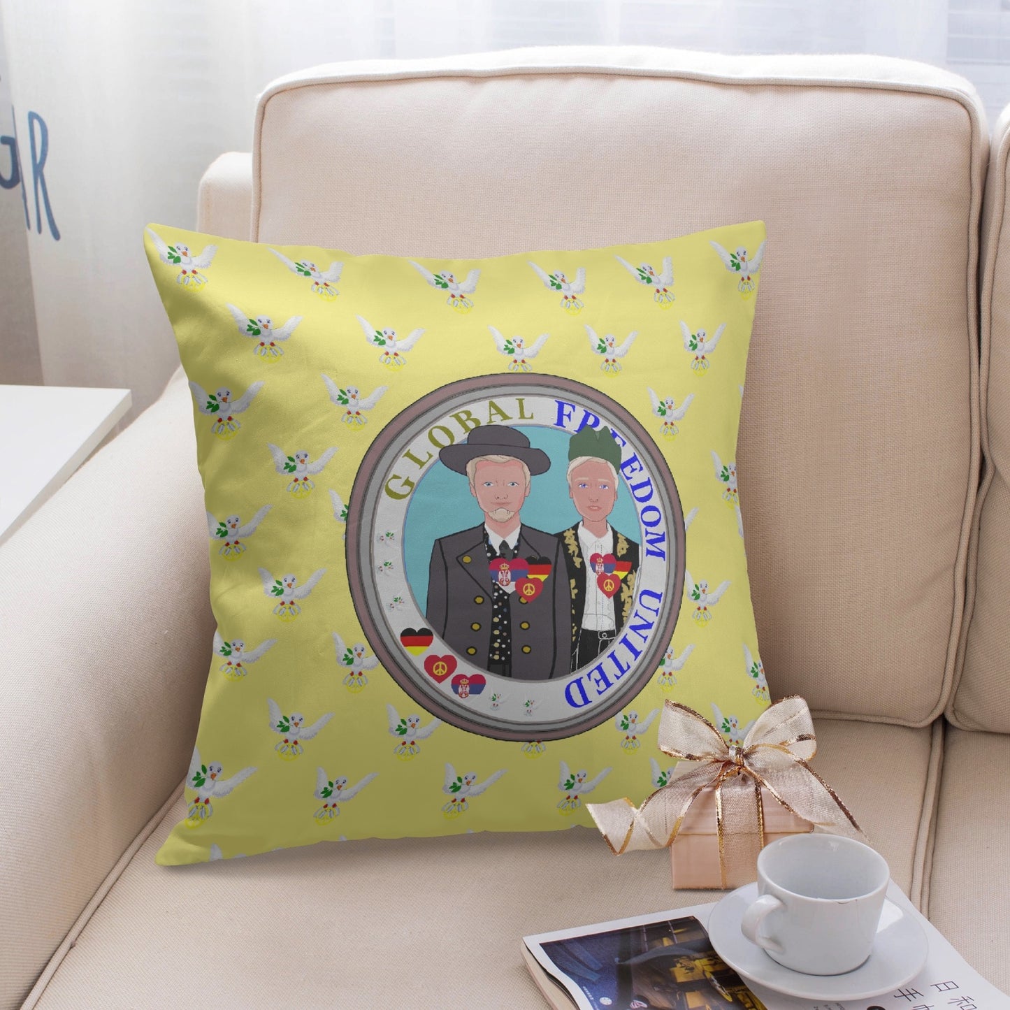 GLOBAL FREEDOM UNITED© Men SERBIA & GERMANY Yellow 18'' Square Pillow Cover