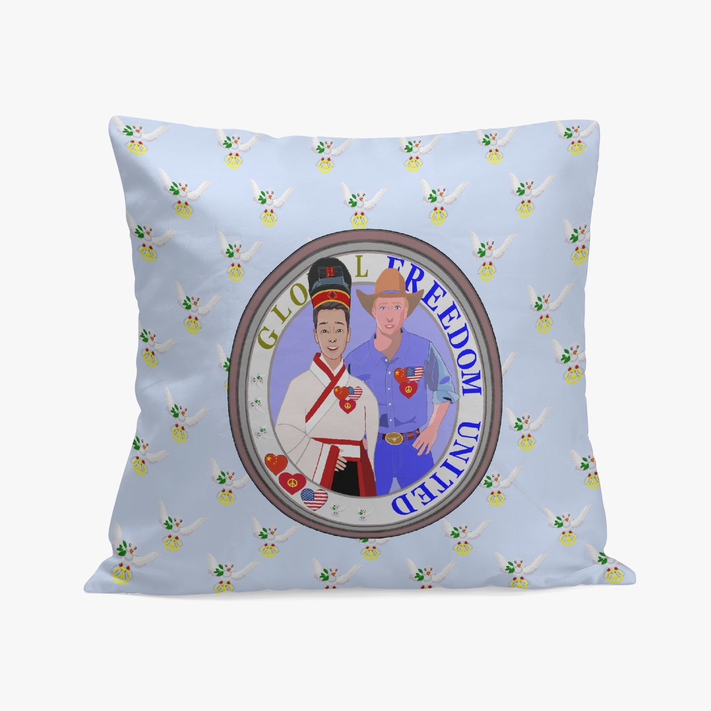 GLOBAL FREEDOM UNITED© Men USA & CHINA Light Blue 18'' Square Pillow Cover