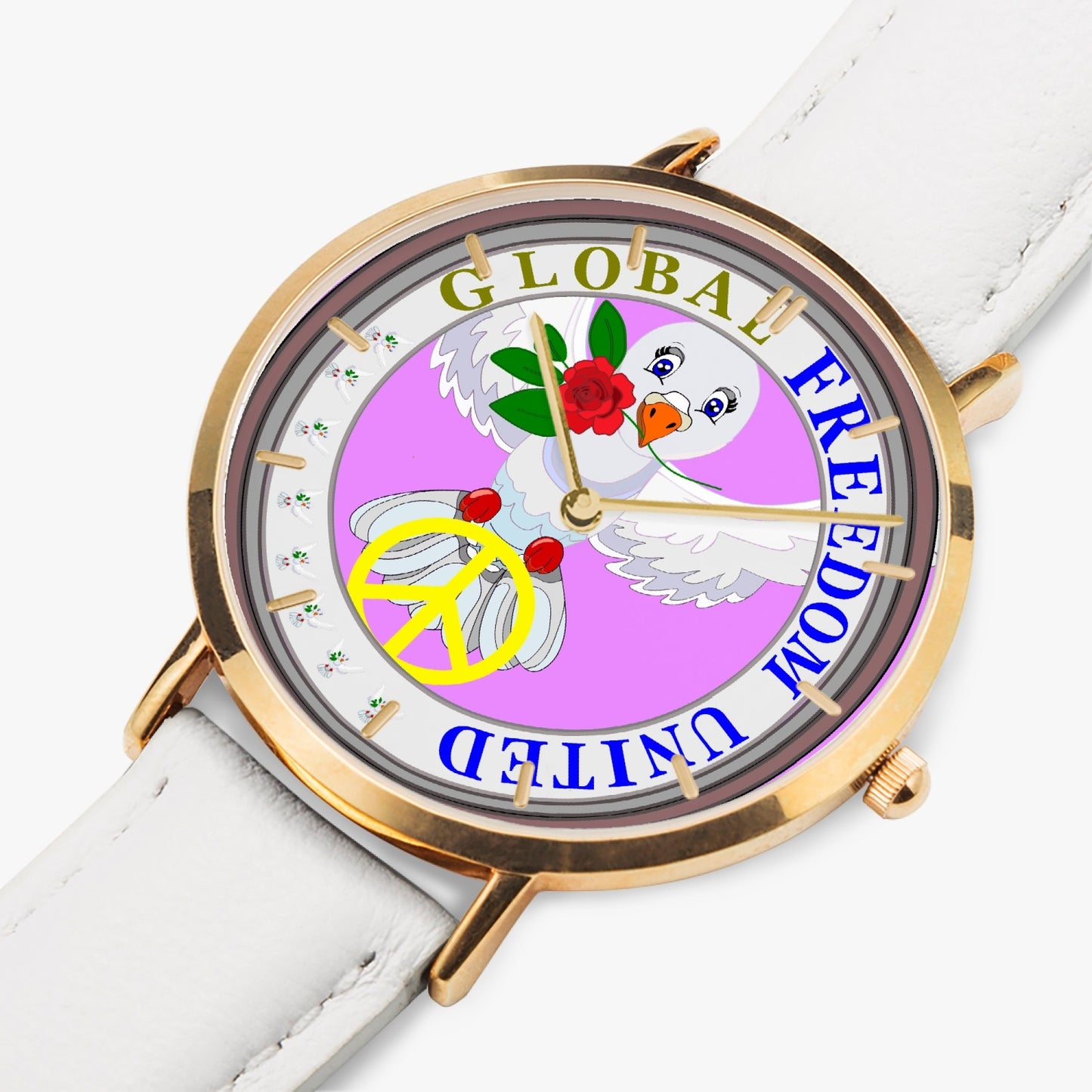 GLOBAL FREEDOM UNITED DOVE OF PEACE OLD PEACE RED ROSES Hot Selling Ultra-Thin Leather Strap Quartz Watch (Rose Gold With Indicators)