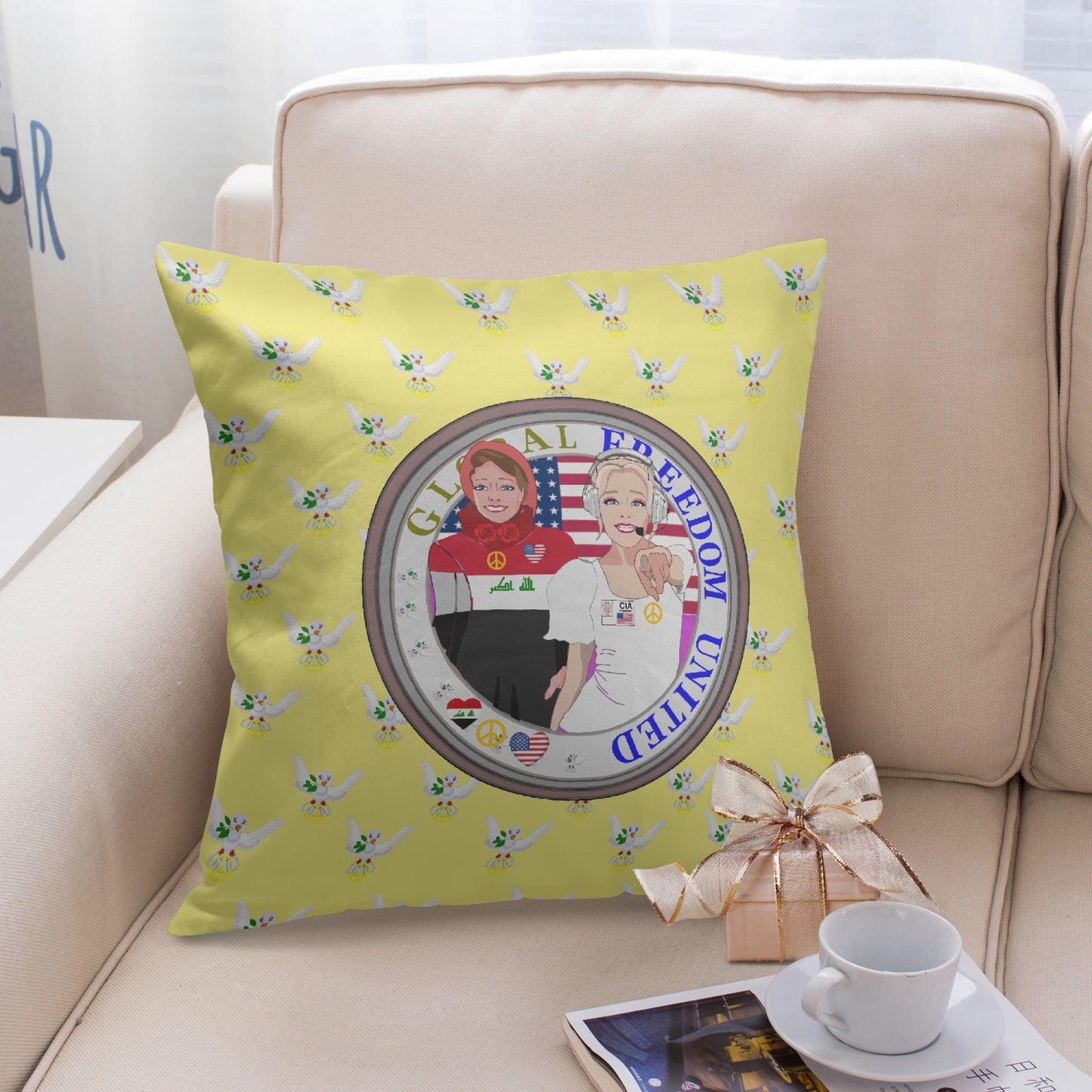 GLOBAL FREEDOM UNITED© Women IRAQ & USA YELLOW 18'' Square Pillow Cover