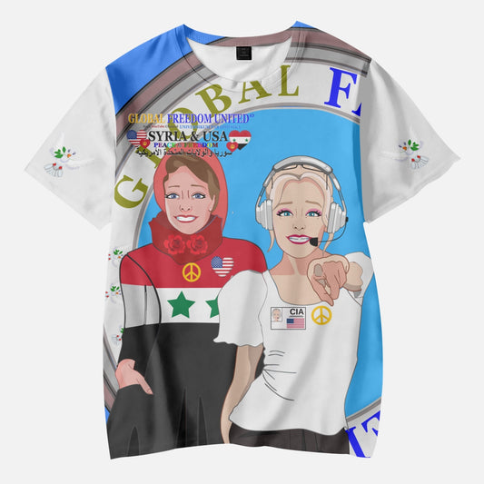 GLOBAL FREEDOM UNITED GIRLS SYRIA & USA OLD PEACE BLUE AOP Kids' Short T-Shirts