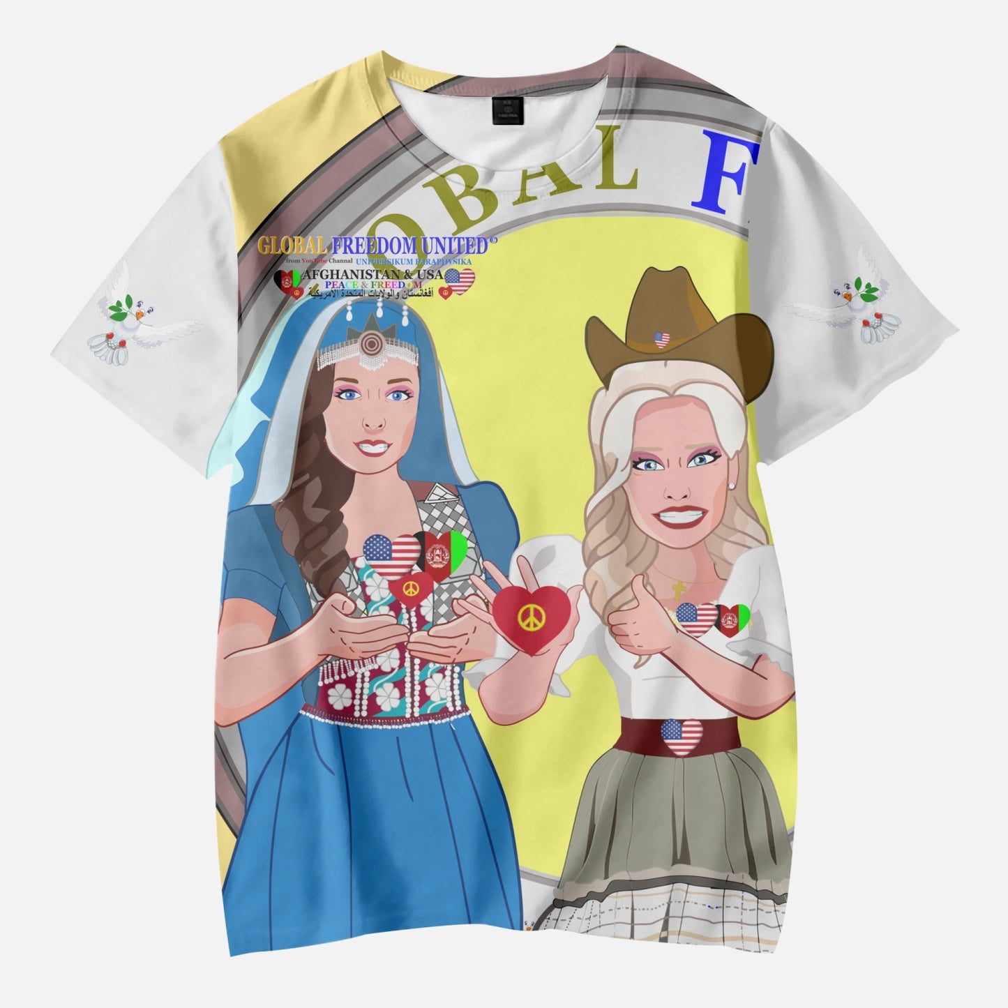GLOBAL FREEDOM UNITED© Girl AFGHANISTAN & USA YELLOW AOP Kids' Short T-Shirts