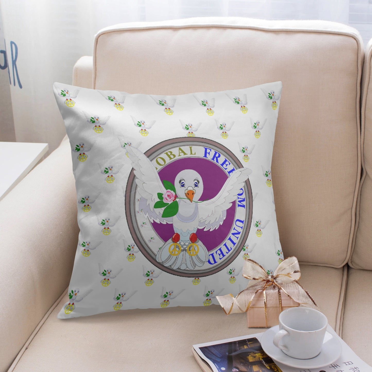 GLOBAL FREEDOM UNITED© DOVE OF PEACE WIGHT LILAC 18'' Square Pillow Cover